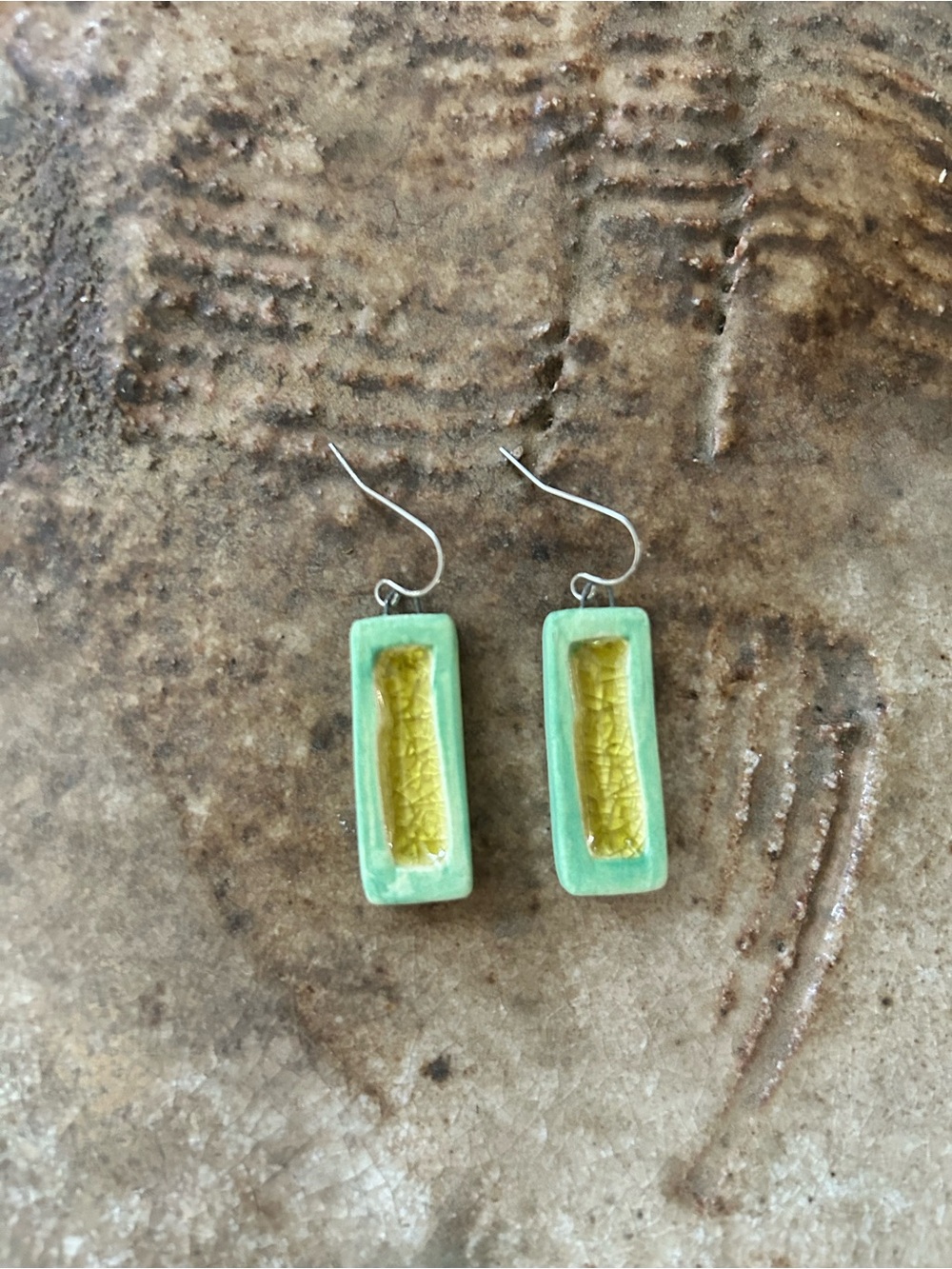 Handmade Mint Green and Yellow Rectangular Drop Earrings